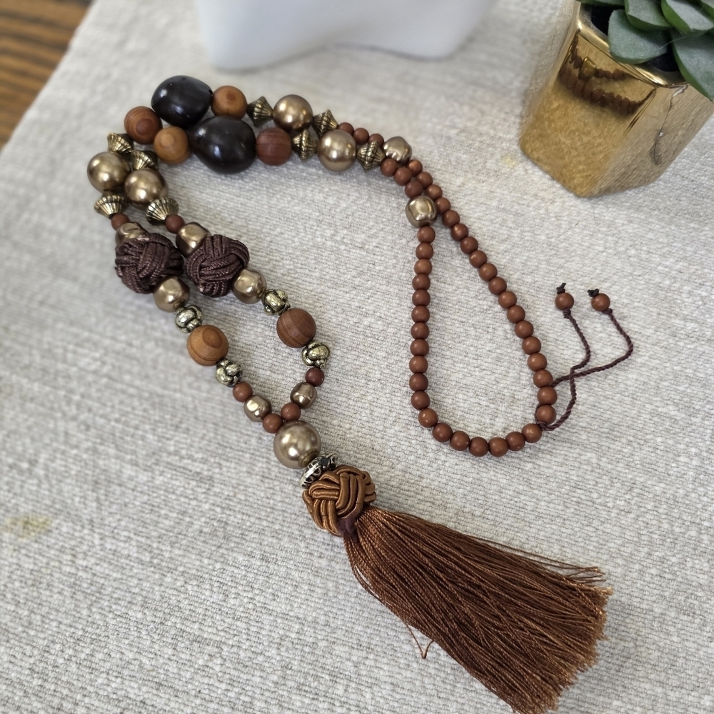 Boho Long Wood Bead Necklace with Large Tassel - Picture 3 of 8